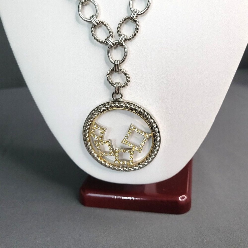 Two Tone Round Pendant Rhinestone Detail Round Link Chain Fashion Necklace 18 in